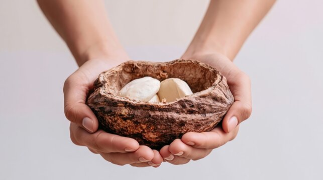 Hands holding freshly opened cacao pod revealing raw cacao beans, natural superfood harvest