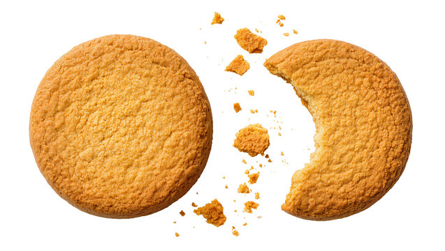 Golden brown round cookies with crumbs