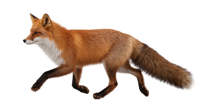 Red fox running with bushy tail and white chest