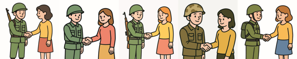 Fototapeta premium Set of vector illustrations showing a soldier shaking hands with a woman.