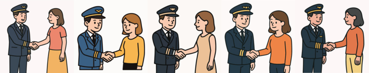 Fototapeta premium Set of vector illustrations of a pilot shaking hands with a woman.