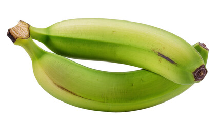 Two unripe green plantains curved on white © Luca