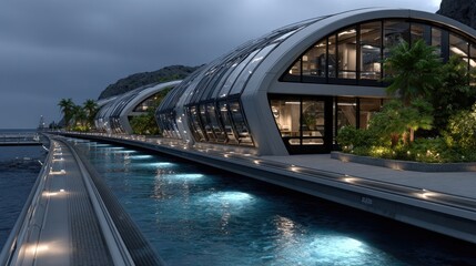 Naklejka premium Futuristic underwater city with glass tunnels and marine life during sunrise
