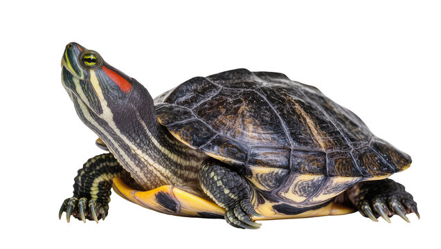 Red-eared slider turtle with patterned shell and yellow stripes on neck