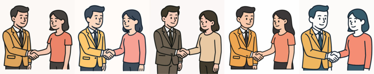 Fototapeta premium Set of vector illustrations of a secretary shaking hands with a woman.