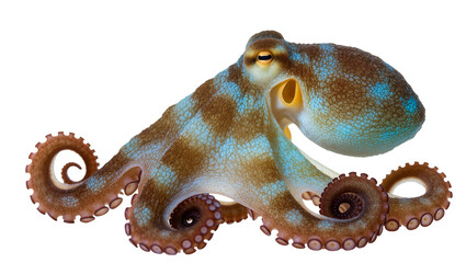 Blue and brown patterned octopus with curled tentacles © Luca