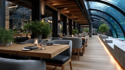 Obraz premium Luxury restaurant located in an underwater tunnel with glass walls showcasing a whale swimming by as diners enjoy their meals in a stylish setting