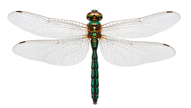 Emerald green dragonfly with wings and segmented body