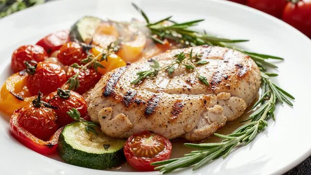 Grilled Pork Tenderloin with Roasted Vegetables and Fresh Herbs on White Plate, Gourmet Meal Presentation for Food Photography and Culinary Concepts