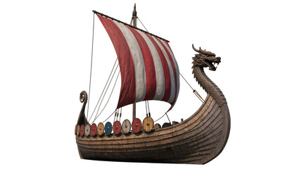 Wooden Viking longship with dragon head prow and striped sail © Luca