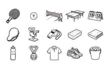 Fototapeta premium Table tennis training gear vector icons including ball machine and scoreboard
