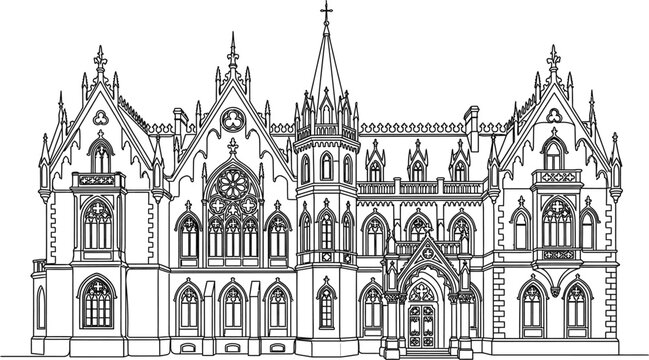 Detailed black and white architectural line art illustration of a gothic revival style castle or mansion.