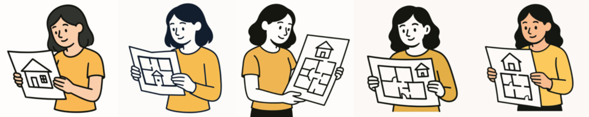 Fototapeta premium Set of vector illustrations of a woman reading a map