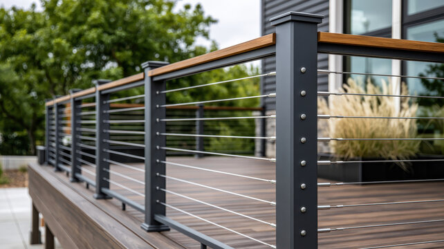Modern residential wood deck showcasing a clean cable railing system with dark gray posts and wood handrails, offering a stylish and functional element for outdoor living
