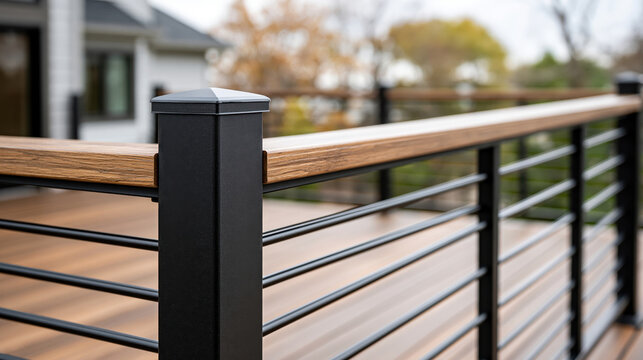 Deck railing with a contemporary design. Showcasing a robust black metal newel post supporting a warm wooden handrail and thin horizontal metal balusters