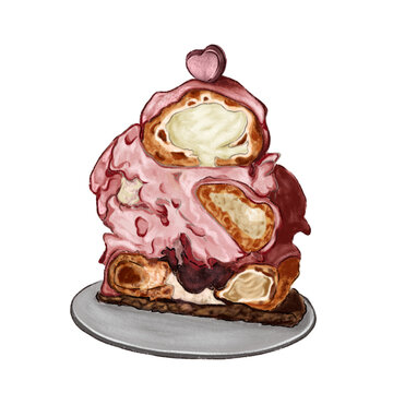 Pink Cream Puff Pastry - Dessert Illustration. Ideal for bakery branding, Valentine's projects, menus, packaging, greeting cards, and food illustrations.
