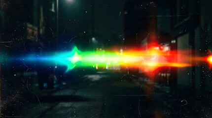Fototapeta premium Colorful light leak streaks on dark film texture background