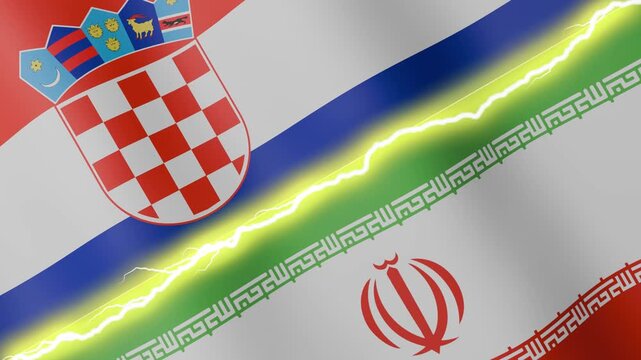 Two waving flags Croatia and Iran with diagonal lightning seamless, 4k loop