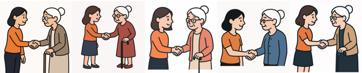Fototapeta premium set of vector women shaking hands with grandmother