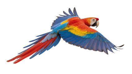 Obraz premium Scarlet Macaw parrot flying with vibrant blue yellow, and red feathers