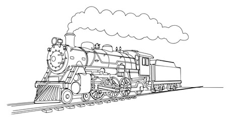 Vintage steam locomotive train on railway tracks continuous line drawing, retro transport and industrial history minimalist vector illustration © ----WWWLINE----