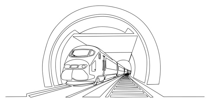 High speed train emerging from tunnel continuous line drawing, modern railway transport minimalist vector illustration, travel and infrastructure