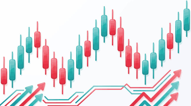 Financial data graph shows red and green candlestick trends with arrows