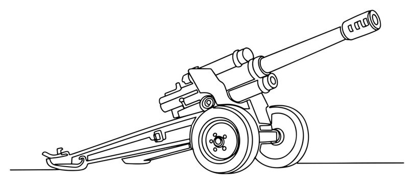 Military artillery cannon howitzer continuous line drawing, army heavy weapon and defense equipment minimalist vector illustration