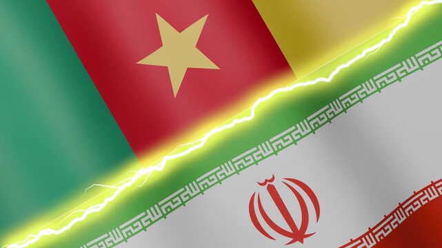 Two waving flags Cameroon and Iran with diagonal lightning seamless, 4k loop
