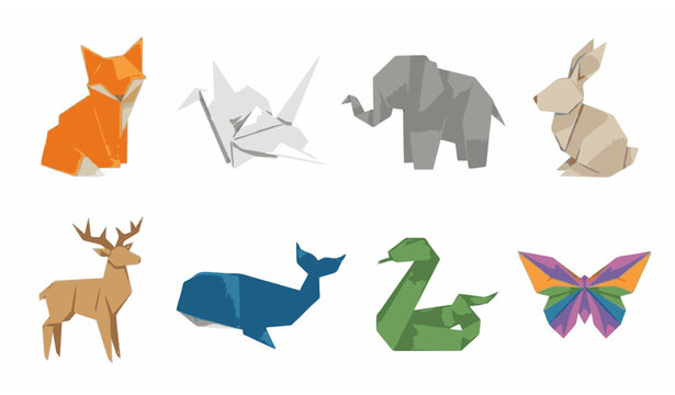 Origami geometric animals vector set folded paper craft style fox crane elephant rabbit whale and deer illustration isolated on white background
