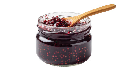 Glass jar of dark berry jam with wooden spoon © Hannah