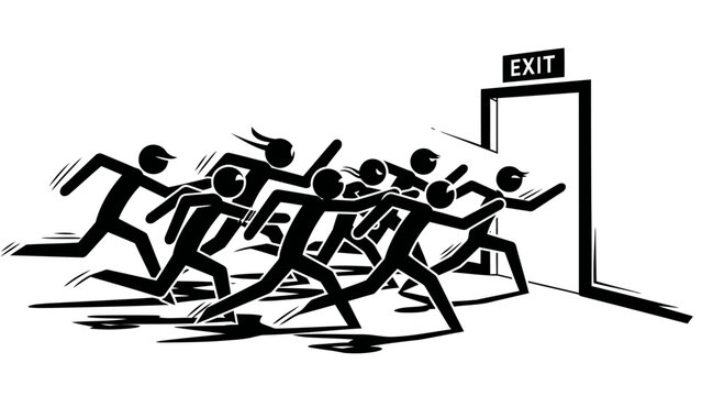 Group of People Running Towards Exit Door