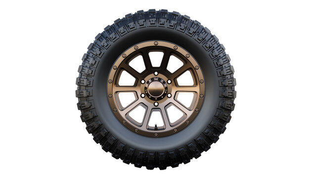 Off-road tire and bronze alloy wheel with aggressive tread pattern