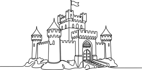 A black and white line art illustration of a majestic medieval stone castle with towers. © Elv1805