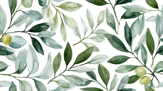 Seamless watercolor olive branch pattern with green leaves and ripe olives on white background. Elegant botanical illustration for wallpaper, fabric, wrapping paper, stationery and home decor.