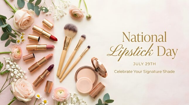 National lipstick day celebration with makeup essentials and floral decoration