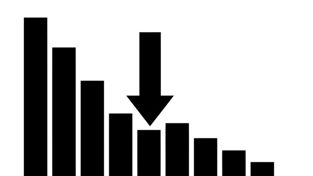 Black and white bar chart with downward arrow pointing to declining results