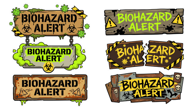 Biohazard alert warning signs collection with cartoon style, displaying danger, quarantine, virus pandemic, and zombie apocalypse concepts, featuring caution tape, skull, and toxic waste symbols