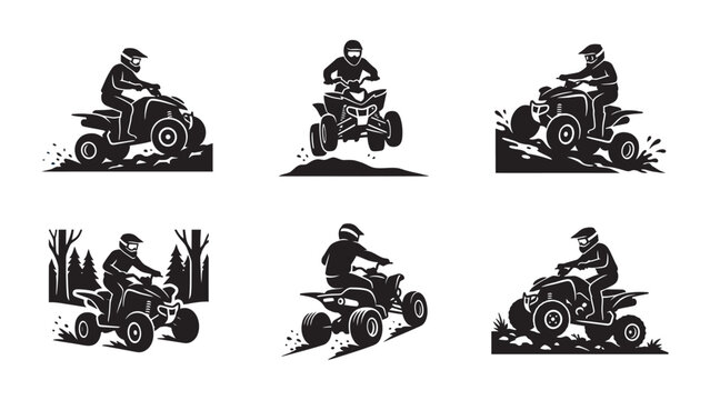 Set of six black and white silhouettes featuring quad bike riders in action.