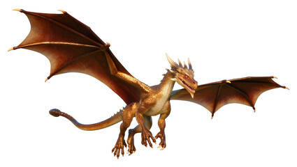 Golden dragon with large brown wings spread wide © Hannah
