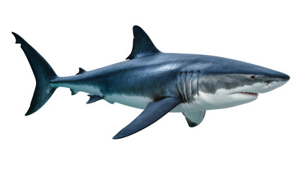 Obraz premium Great white shark swimming side view, showing teeth and gills