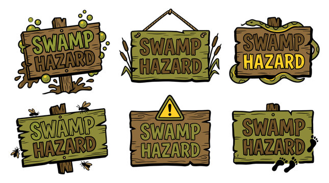 Cartoon collection of wooden swamp hazard signs presenting various dangers including mud. Bubbles. Reeds. A snake. Flies. An explicit warning triangle. And foot tracks