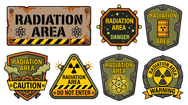 Collection of various radiation area warning signs and caution symbols, featuring radioactive zone icons, hazardous material barrels, and nuclear atom emblems