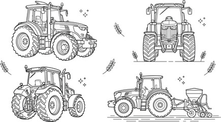 Agricultural tractor machinery line icon set featuring farm vehicles from front back side angles and seeder attachment vector © MdMursalin