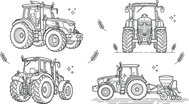 Agricultural tractor machinery line icon set featuring farm vehicles from front back side angles and seeder attachment vector