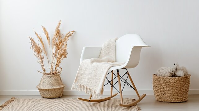 Minimalist home interior white rocking chair with cream throw and dried plants