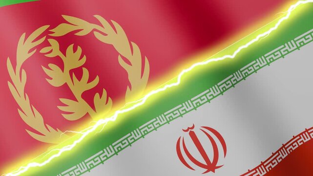 Two waving flags Eritrea and Iran with diagonal lightning seamless, 4k loop