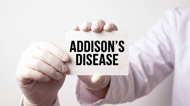 Doctor in White Lab Coat and Gloves Holding Card Reading Addisons Disease on White Background