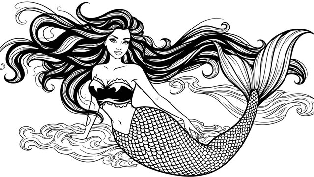 Black and White illustration of a beautiful mermaid with long flowing hair in the ocean waves