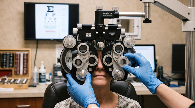 Professional optometrist adjusting a phoropter device during an eye examination for a senior female patient in a clinic office with a vision chart in the background
